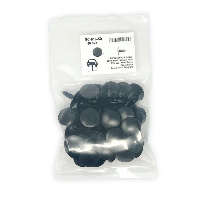MT-RSR Black Universal Nylon Fascia Panel Retainer Head Diameter 25mm, Stem Diameter 7.5mm, Stem Length 20mm Chrysler # 6501067 (Pack of 50) RC-616-50