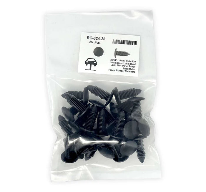 MT-RSR Black Universal Nylon Fascia Bumper Retainer Head Diameter 22mm, Stem Diameter 11mm, Stem Length 28mm Ford # N804379S, Pack of 25 RC-624-25
