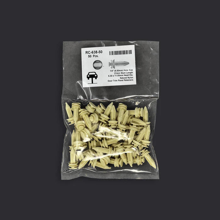 MT-RSR Natural Nylon Door Panel Retainer Clip - 6.5mm Hole Size 21mm Stem Lgth (Pack of 50) RC-638-50