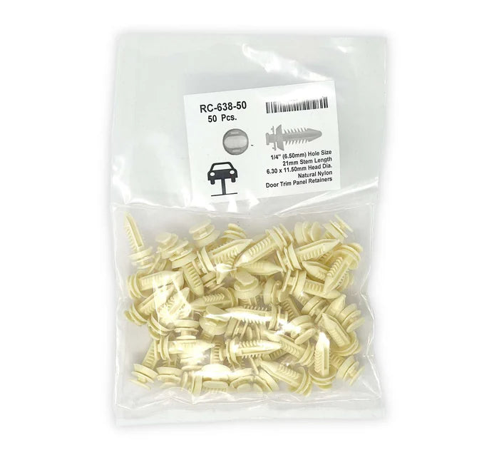 MT-RSR Natural Nylon Door Panel Retainer Clip - 6.5mm Hole Size 21mm Stem Lgth (Pack of 50) RC-638-50