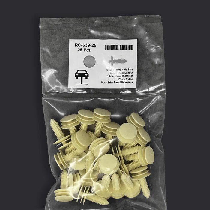 MT-RSR White Nylon Door Panel Retainer Clip - 7mm Hole Size 24mm Stem Length (Pack of 25) RC-639-25