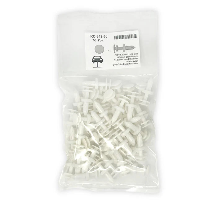 MT-RSR White Nylon Door Push Retainer Clip - 1/4" Hole Size 11/16" Stem Length (Pack of 50) RC-642-50