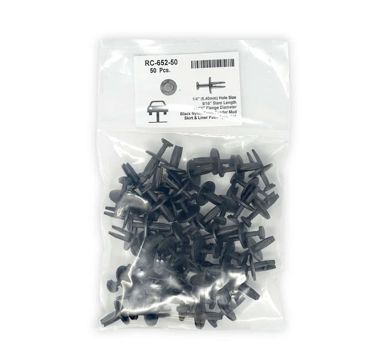 MT-RSR Black Nylon Front Fender Mud Skirt & Fender Liner Push-Type Retainer Head Dia: 11/16", Stem Length: 9/16",Fits Into 1/4" Hole, RC-652-50