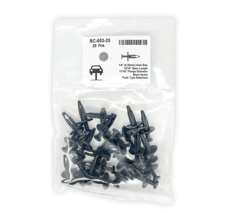 MT-RSR Black Nylon Push-Type Retainer Head Diameter 11/16", Stem Length 13/16",Fits Into 1/4" Hole Chrysler # 6501925 (Pack of 25) RC-653-25