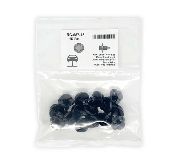 MT-RSR Black Nylon Push Type Retainer - 8mm Hole Size 9mm Stem Length (Pack of 15) RC-657-15