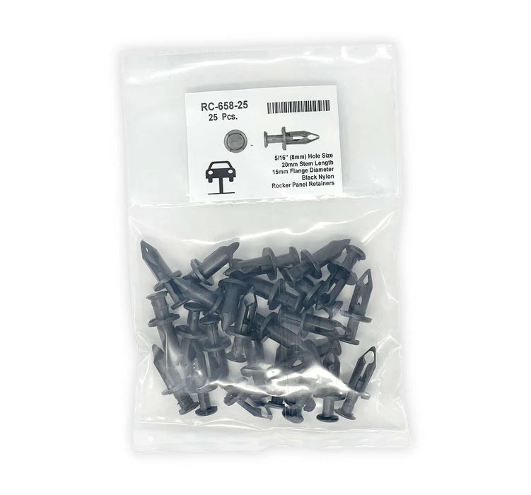 MT-RSR Black Nylon Rocker Panel Retainer Head Diameter 15mm, Stem Length 20mm, Fits Into 8mm Hole (Pack of 25) RC-658-25