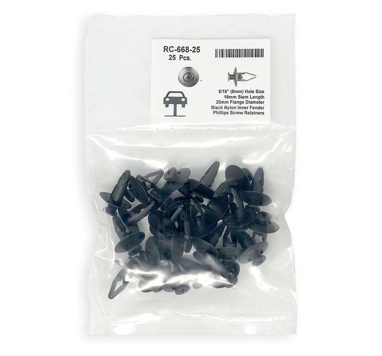 MT-RSR Black Nylon Inner Fender Shield Blind Rivet, Head Diameter 20mm, Stem Length 18mm, Fits Into 8mm Hole (Pack of 25) RC-668-25