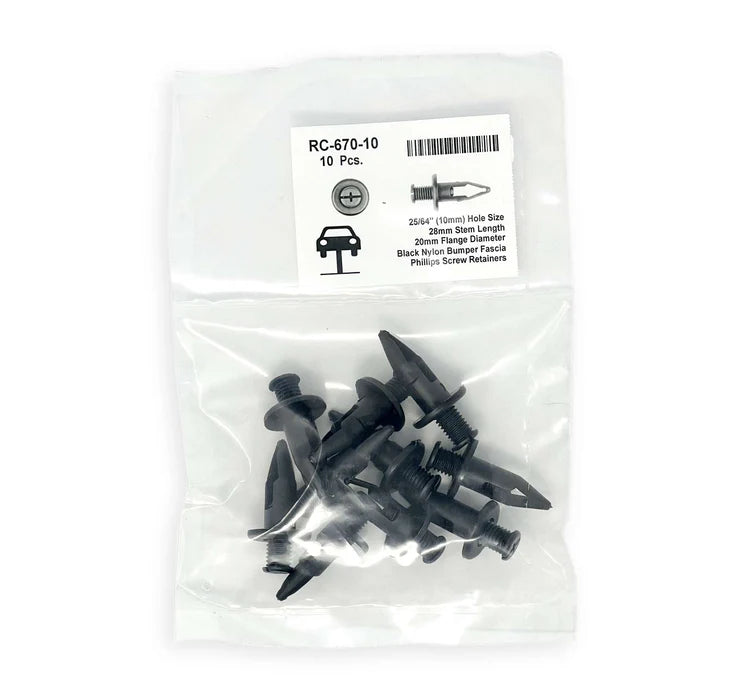 MT-RSR Black Nylon Bumper Fascia Retainer - 10mm Hole Size 28mm Stem Length (Pack of 10) RC-670-10