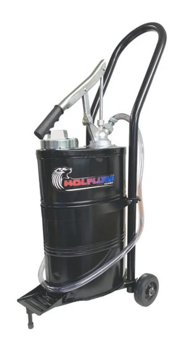 Wolflube Manual Oil Pump – 4.7 gal Capacity – Complete with 4 ft Clear Hose + 2 Whls Trolley