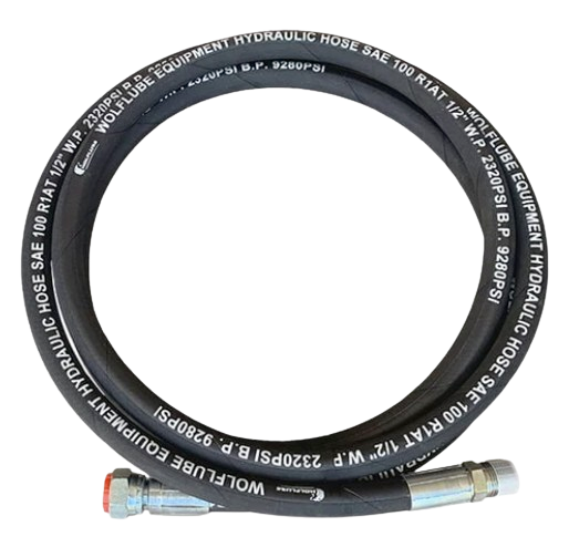 Wolflube Hose Hydraulic R1 – For Oil – 2610 PSI W.P – 3/8” – 50′ – M3/8” x F1/2”