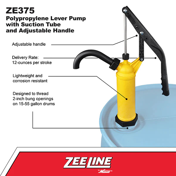 Zeeline ZE375 - Polypropylene Lever Pump With Suction Tube And Adjustable Handle (12 Ounces Per Stroke)