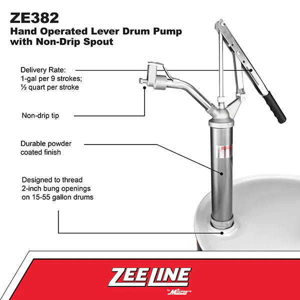 Zeeline ZE382 - Hand Operated Lever Drum Pump With Non-Drip Spout (1 Gallon Per 9 Strokes)