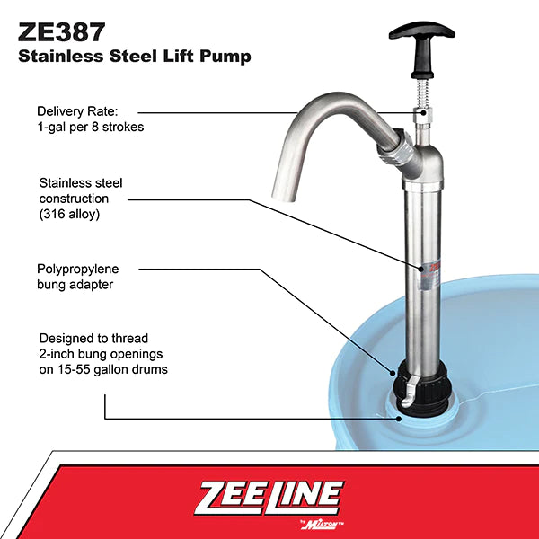 Zeeline ZE387 - SS Lift Pump For 15-55 Gal. Drum With PTFE Seals