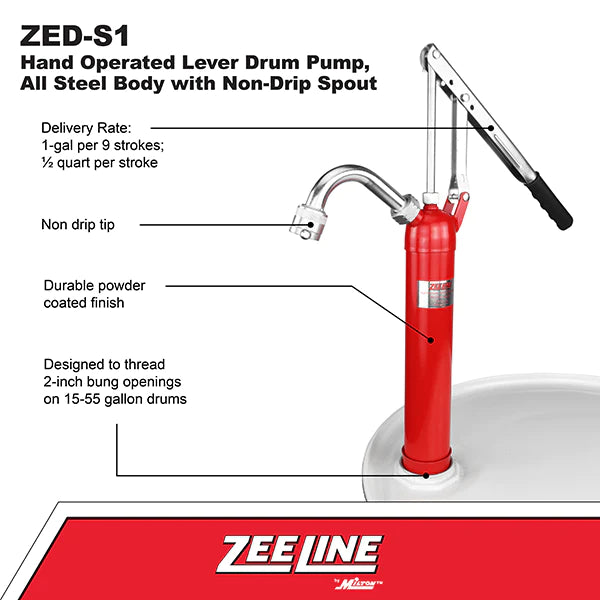 Zeeline ZED-S1 - Hand Operated Lever Drum Pump, All Steel Body With Non-Drip Spout (1 Gallon Per 9 Strokes)