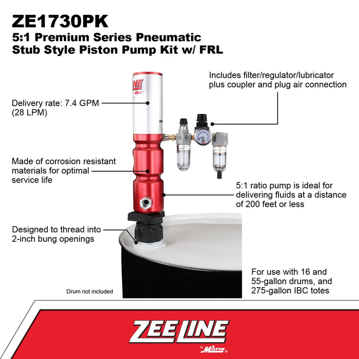 Zeeline by Milton® ZE1730PK 5:1 Pneumatic Stub Style Premium Series Piston Pump Kit | 1 Complete Kit | 7.4 GPM | 1/4" FRL Included | For 16-Gallon, 55-Gallon Drums, 275-Gallon IBC Totes & Wall Mount | Motor Oil, Gear Oil, Hydraulic Oil & More