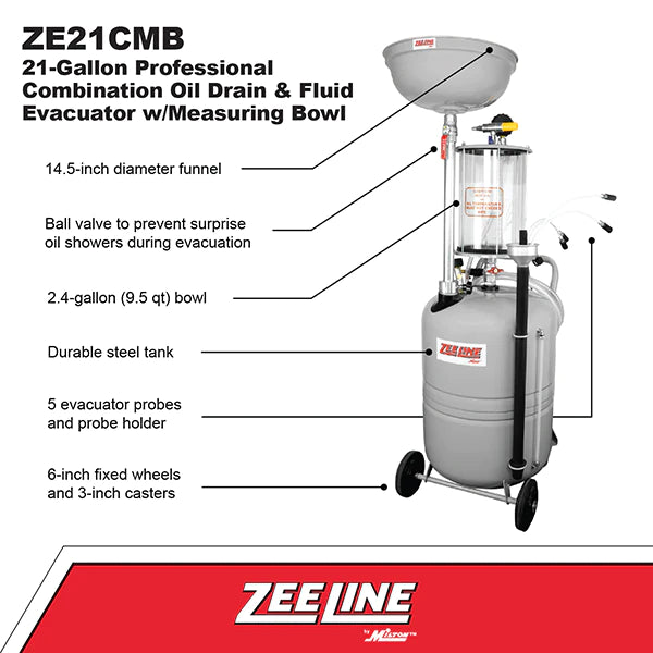 Zeeline ZE21CMB – 21-Gallon Professional Combination Oil Drain & Fluid Evacuator W/Measuring Bowl