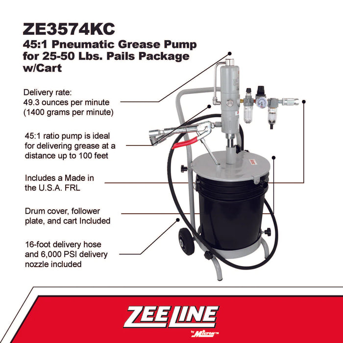 Zeeline ZE3574KC – 45:1 Grease Pump For 25-50 Lbs. Pails Package W/Cart