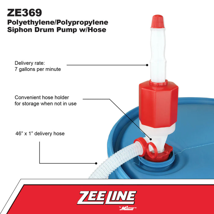 Zeeline ZE369W - Polyethylene/Polypropylene Siphon Drum Pump With Hose (7 Gallons Per Minute)