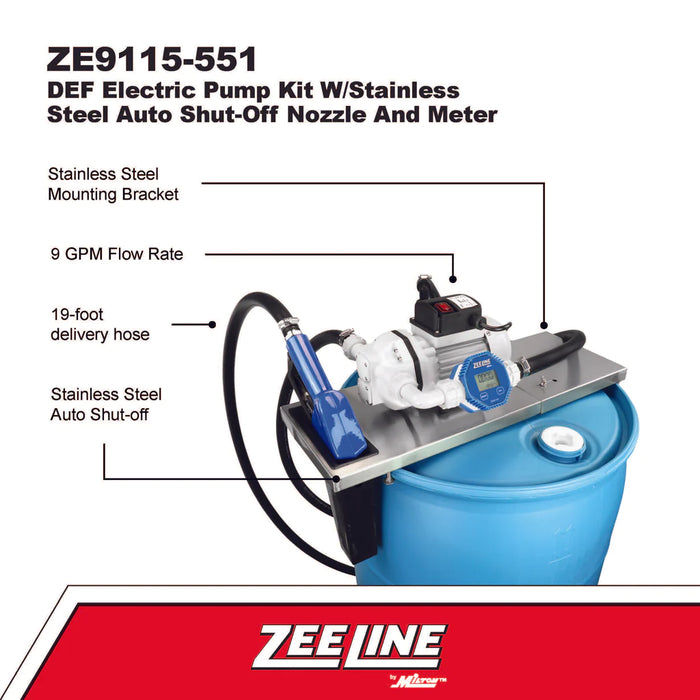 Zeeline ZE9115-551 - DEF Electric Pump Kit W/Stainless Steel Auto Shut-Off Nozzle And Meter