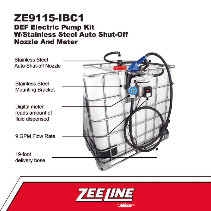 Zeeline ZE9115-IBC1 - DEF Electric Pump Kit W/Stainless Steel Auto Shut-Off Nozzle And Meter