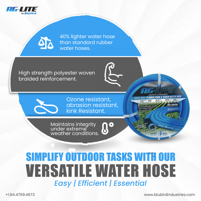 BluBird AG-Lite 100% Premium Rubber Water Lead In Hose, 1" X 6', 3/4" Male and Female GHT Fittings. 500 PSI Burst Rating. Includes Extra Washer and Bend Restrictor. 2 Pack ALONE06-2pk
