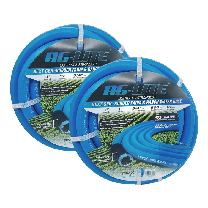 BluBird AG-Lite 100% Premium Rubber Water Lead In Hose, 1" X 15', 3/4" Male and Female GHT Fittings. 500 PSI Burst Rating. Includes Extra Washer and Bend Restrictor. 2 Pack ALONE15-2pk