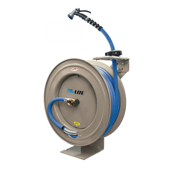 BluBird AG-Lite 100% Rubber 5/8" X 50' Water Hose Heavy Duty 18 Gauge Retractable Reel. 3/4" Male and Female GHT Fittings. 500 PSI Burst Rating. Includes 6' Lead In Hose and Nozzle. Cream Color ALWR5850-CR