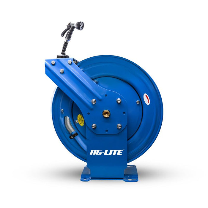 BluBird AG-Lite 100% Rubber 3/4" X 65' Water Hose XL Dual Arm 18 Gauge Retractable Reel. 3/4" Male and Female GHT Fittings. 500 PSI Burst Rating. Includes 6' Lead In Hose and Nozzle ALWRDA3465