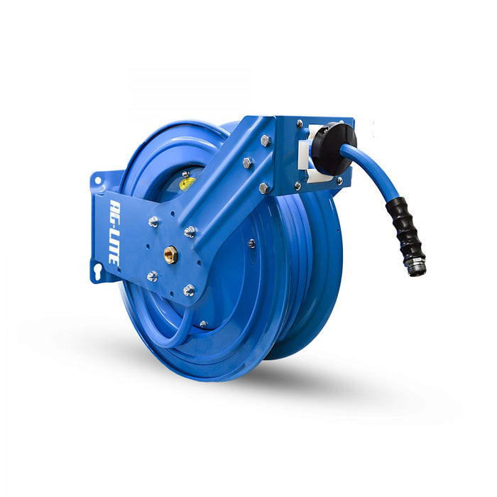 BluBird AG-Lite 100% Rubber 3/4" X 65' Water Hose XL Dual Arm 18 Gauge Retractable Reel. 3/4" Male and Female GHT Fittings. 500 PSI Burst Rating. Includes 6' Lead In Hose and Nozzle ALWRDA3465