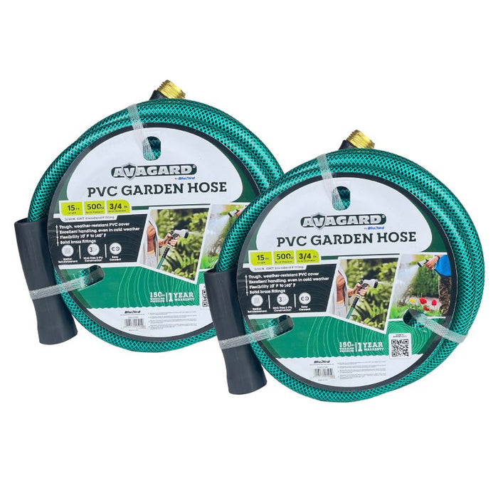 BluBird Avagard PVC Water Hose Assembly 3/4" X 15', 3/4" Male and Female GHT Fittings. 500 PSI Burst Rating. Includes Extra Washer and Bend Restrictor. 2 Pack AVGPV3415-2pk