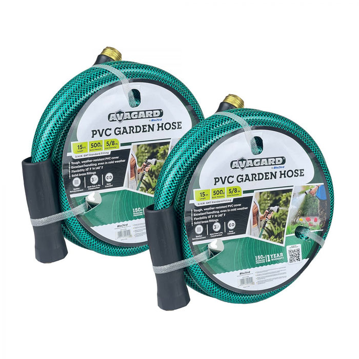 BluBird Avagard PVC Water Hose Assembly 5/8" X 15', 3/4" Male and Female GHT Fittings. 500 PSI Burst Rating. Includes Extra Washer and Bend Restrictor. 2 Pack AVGPV5815-2pk