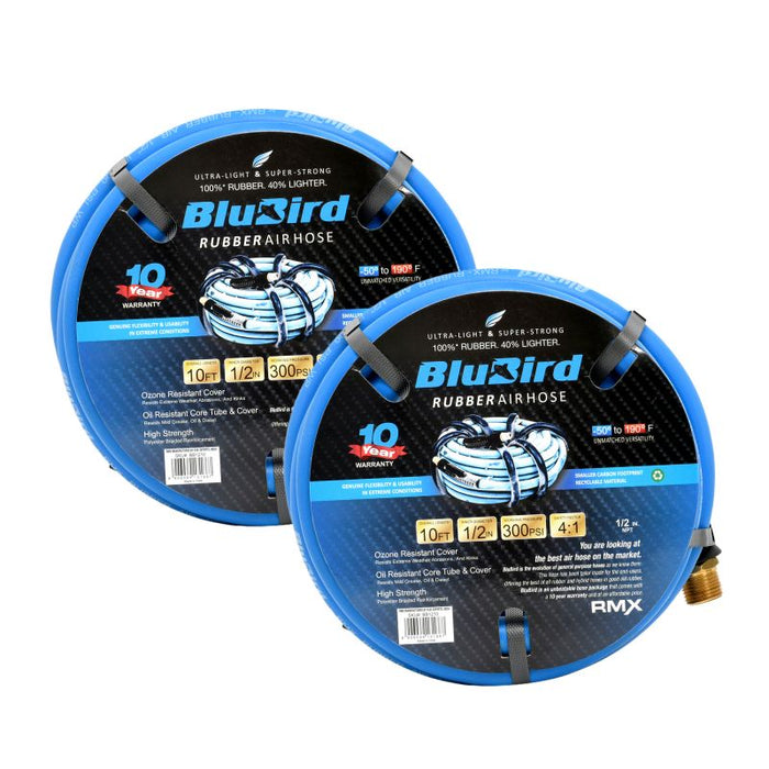 BluBird Rubber Air Hose Assembly 1/2" X 10'- 1/2" Male-NPT, 300 PSI, EPDM, 2 Pack BB1210-2pk