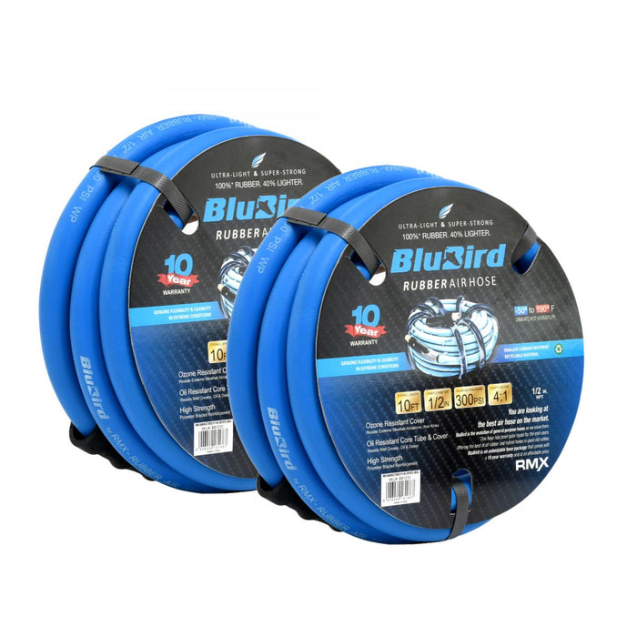 BluBird Rubber Air Hose Assembly 1/2" X 10'- 1/2" Male-NPT, 300 PSI, EPDM, 2 Pack BB1210-2pk