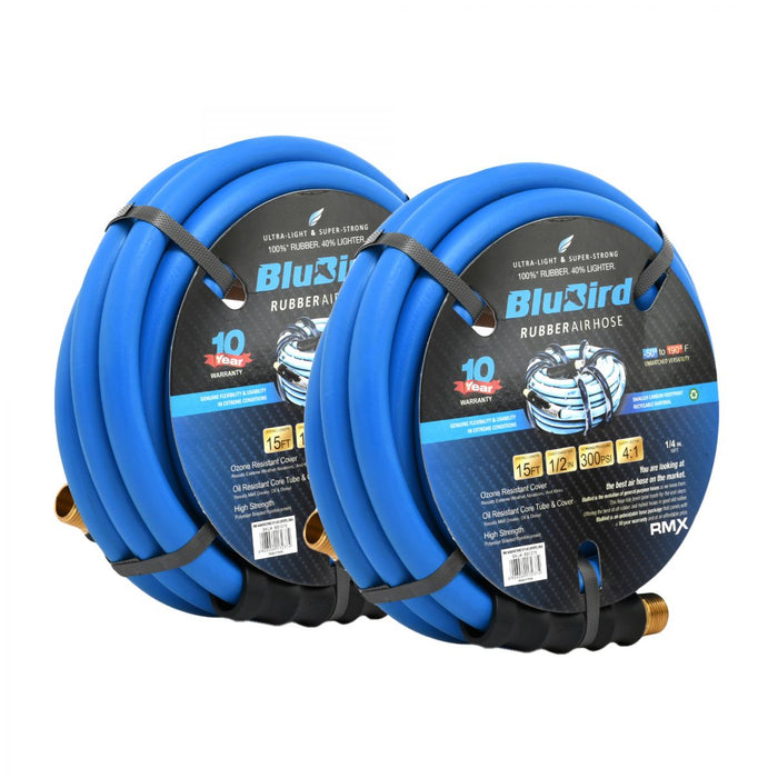 BluBird Rubber Air Hose Assembly 1/2" X 15'- 1/2" Male-NPT, 300 PSI, EPDM, 2 Pack BB1215-2pk