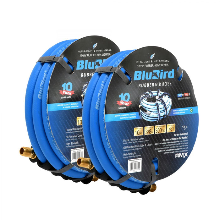 BluBird Rubber Air Hose Assembly 3/8" X 10' - 3/8" Male-NPT, 300 PSI, EPDM, 2 Pack BB3810-2pk