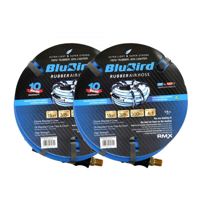BluBird Rubber Air Hose Assembly 3/8" X 15' - 3/8" Male-NPT, 300 PSI, EPDM, 2 Pack BB3815-2pk