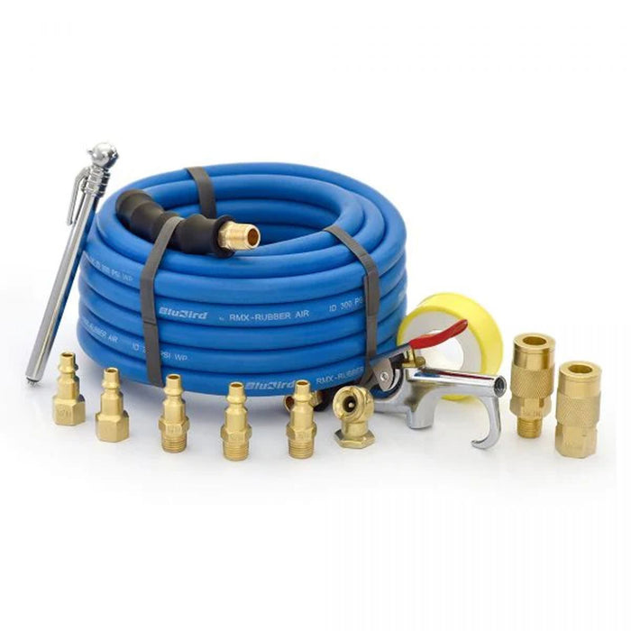 BluBird Rubber Air Hose Assembly 3/8" x 25' w/ 10 Pc Brass Accessory Kit BB3825KIT-10