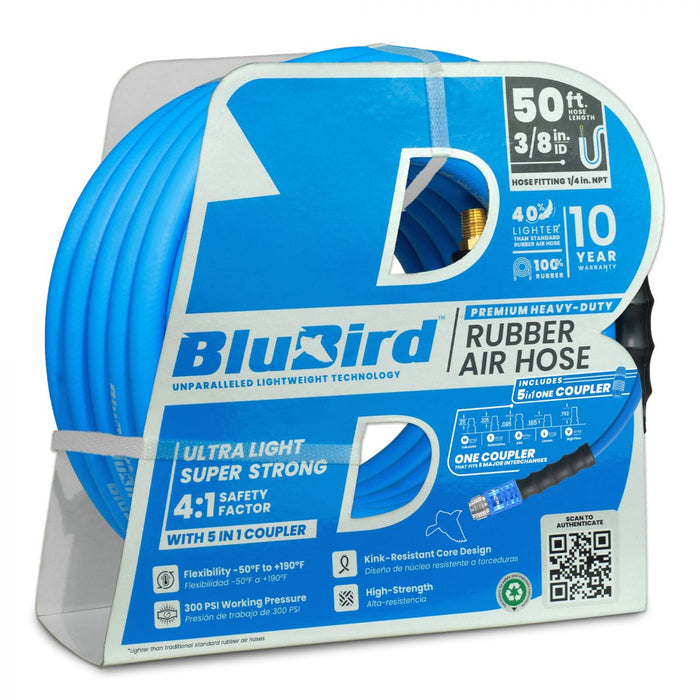BluBird Rubber Air Hose 3/8" X 50'- 3/8" Male-NPT, 300 PSI, EPDM with Universal 5 in 1 Coupler BB3850-5CP