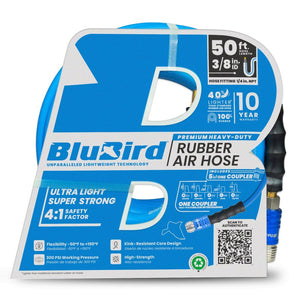 BluBird Rubber Air Hose 3/8" X 50'- 3/8" Male-NPT, 300 PSI, EPDM with Universal 5 in 1 Coupler BB3850-5CP