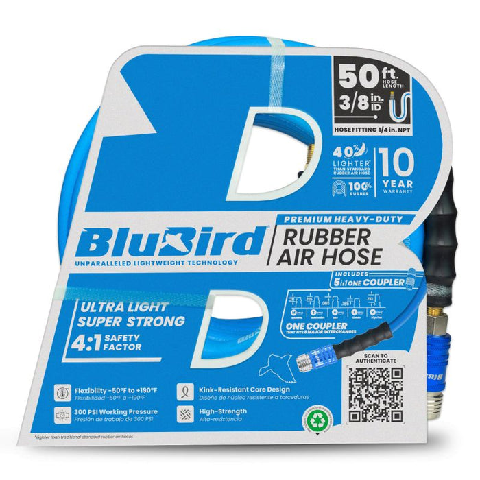 BluBird Rubber Air Hose 3/8" X 50'- 3/8" Male-NPT, 300 PSI, EPDM with Universal 5 in 1 Coupler BB3850-5CP