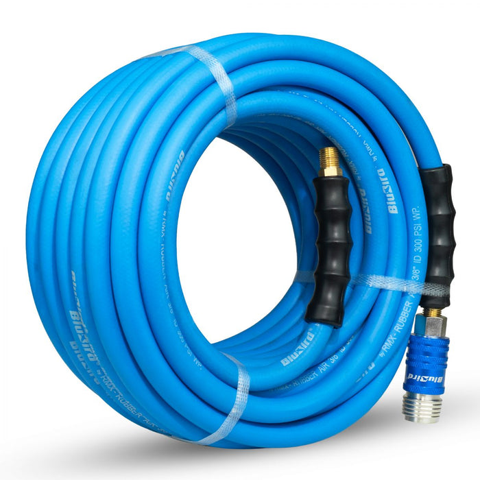 BluBird Rubber Air Hose 3/8" X 50'- 3/8" Male-NPT, 300 PSI, EPDM with Universal 5 in 1 Coupler BB3850-5CP
