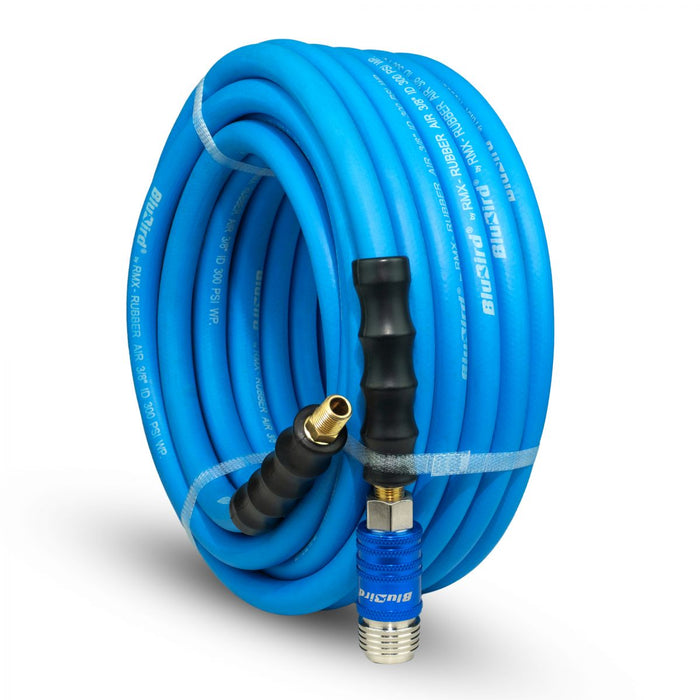 BluBird Rubber Air Hose 3/8" X 50'- 3/8" Male-NPT, 300 PSI, EPDM with Universal 5 in 1 Coupler BB3850-5CP