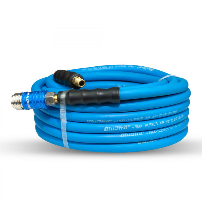 BluBird Rubber Air Hose 3/8" X 50'- 3/8" Male-NPT, 300 PSI, EPDM with Universal 5 in 1 Coupler BB3850-5CP