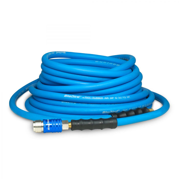 BluBird Rubber Air Hose 3/8" X 50'- 3/8" Male-NPT, 300 PSI, EPDM with Universal 5 in 1 Coupler BB3850-5CP