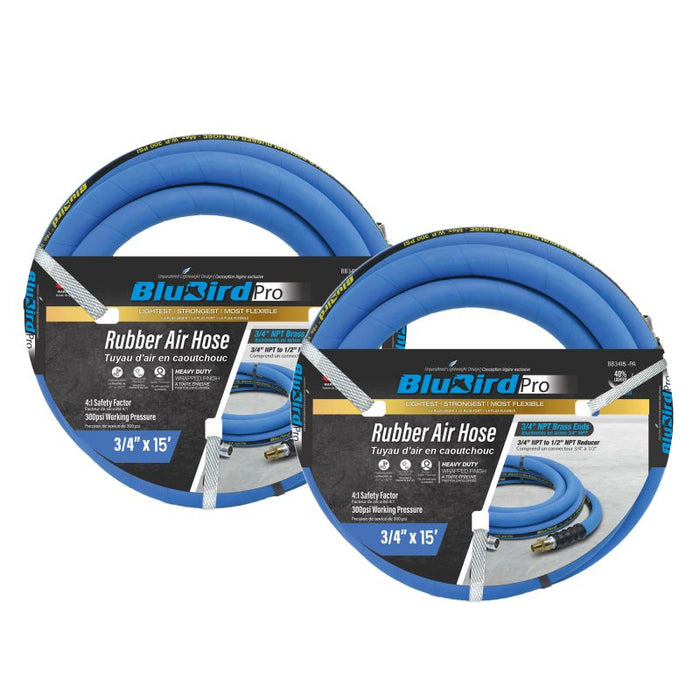 BluBird Pro Rubber Air Hose Assembly 3/4" X 15'- 3/4" Male-NPT, 300 PSI, EPDM, 2 Pack BBPRO3415-2pk