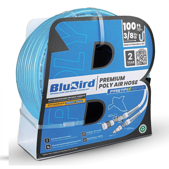 BluBird Poly Air Hose Assembly 3/8" X 100' with Fast FiX Field Repairable Fitting and Quick Connect Coupler BBPU38100