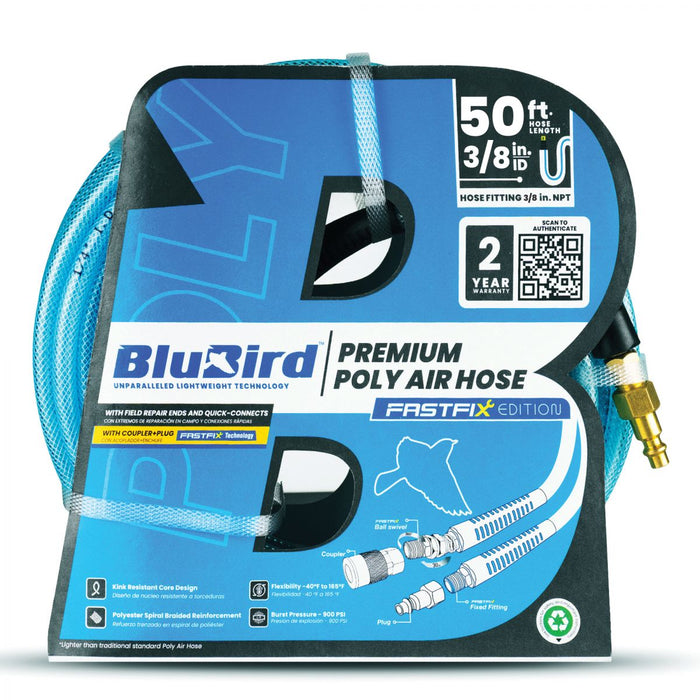 BluBird Poly Air Hose Assembly 3/8" X 50' with Fast FiX Field Repairable Fitting and Quick Connect Coupler BBPU3850