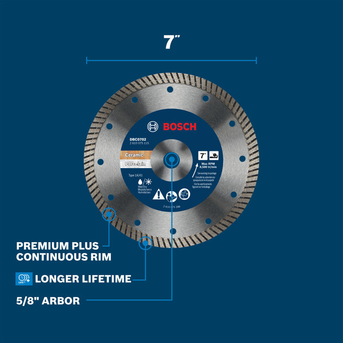 Bosch 7" PREMIUM DIAMOND BLADE CONTINUOUS (SPECIALIZED TURBO) RIM 5/8" ARBOR DBC0702