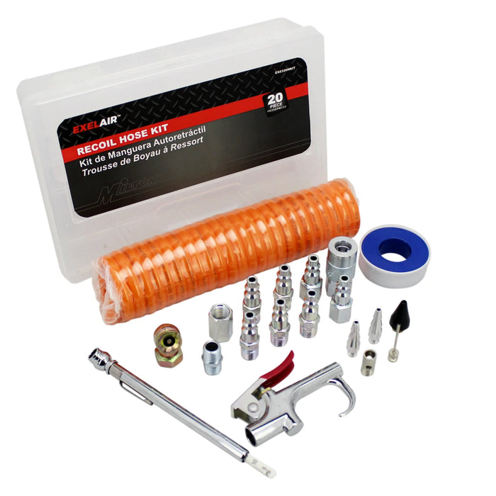 Milton EX0320HKIT EXELAIR® Recoil Hose and Air Accessory Kit - 13' Hose, Blow Gun, Ball Foot Chuck, Pencil Gauge, M-STYLE® Couplers/Plugs, Safety Adapter, Nozzle Tips, Inflator Needle, Hex Nipple/Coupling, and Thread Tape - 150 Max PSI (20-Piece)