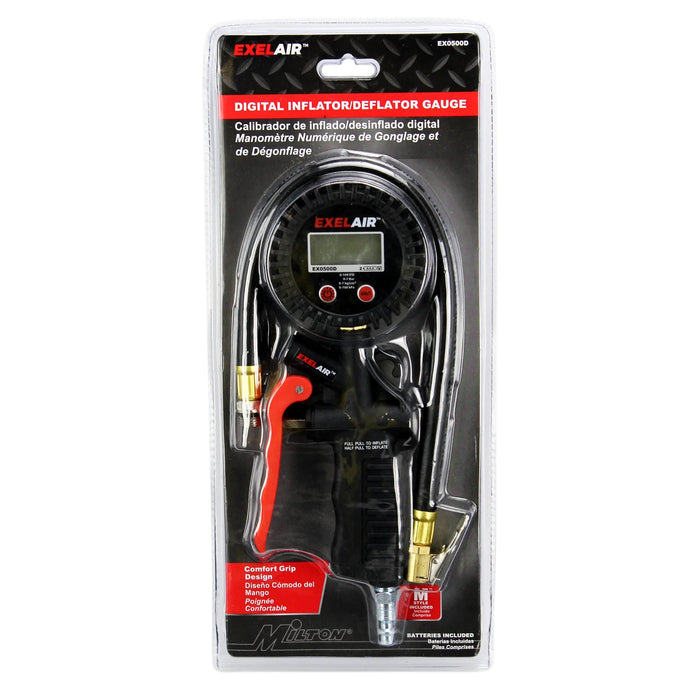 Milton EX0500D EXELAIR® Digital Pistol Grip Tire Inflator/Deflator Gauge, 16" Air Hose and Easy-Clip Chuck